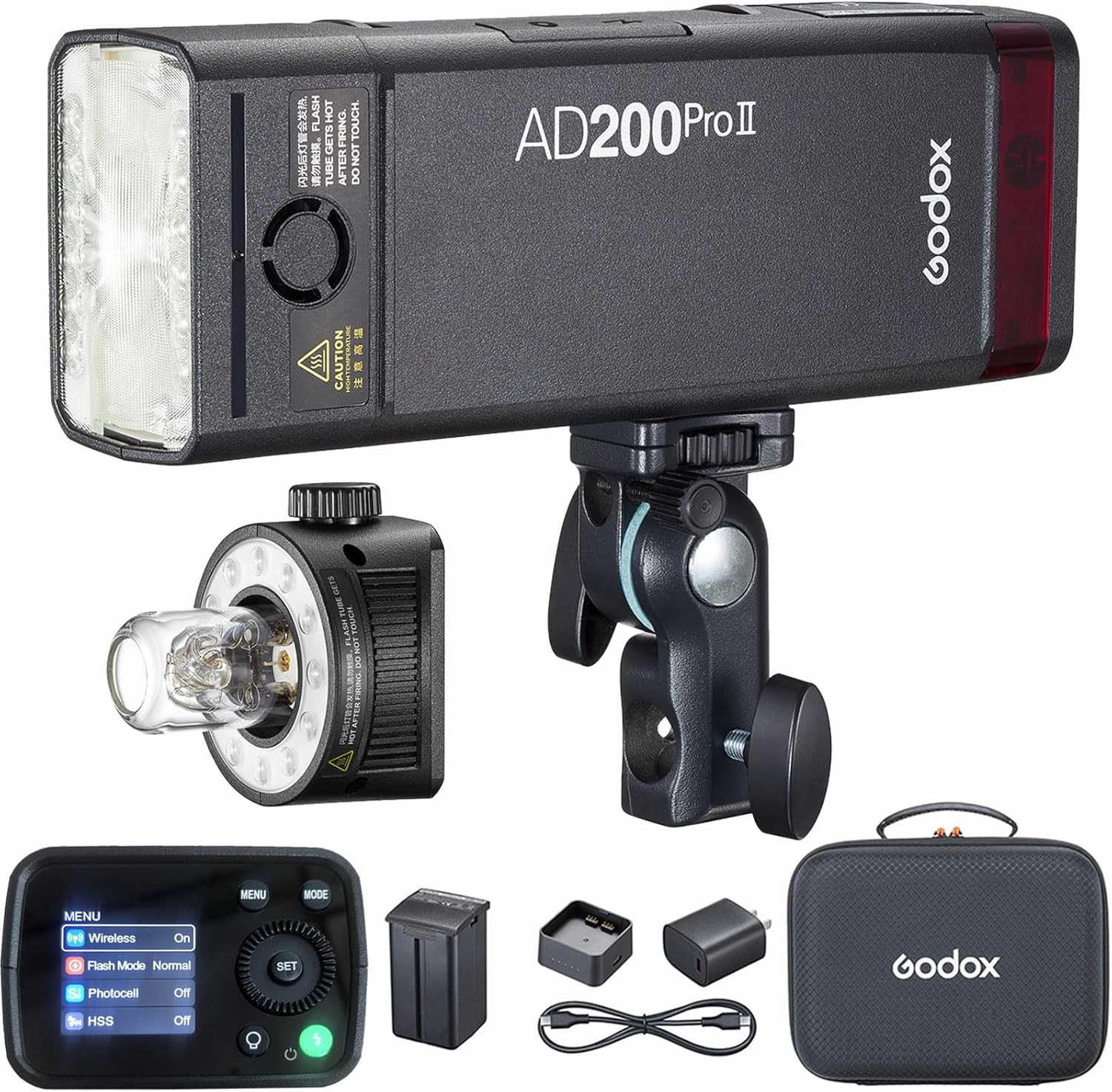 Godox AD200Pro II AD200 Pro II Flash, Upgraded Flash Head with Modeling Lamp, Color Indicator and Screen, 200Ws 2.4G TTL Speedlite Outdoor Flash Strobe, 1/8000s HSS Monolight with Lithium Battery