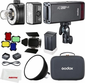Godox AD200ProII AD200 pro II Flash Strobe,200Ws 1/512~1/1,1/8000 HSS, 0.01-1.8s Recycle Time, 2980mAh Battery,2.4G Wireiess X System,Bare Bulb/Speedlite Fresnel Flash Head,with BD-07,AD-S2 Reflector