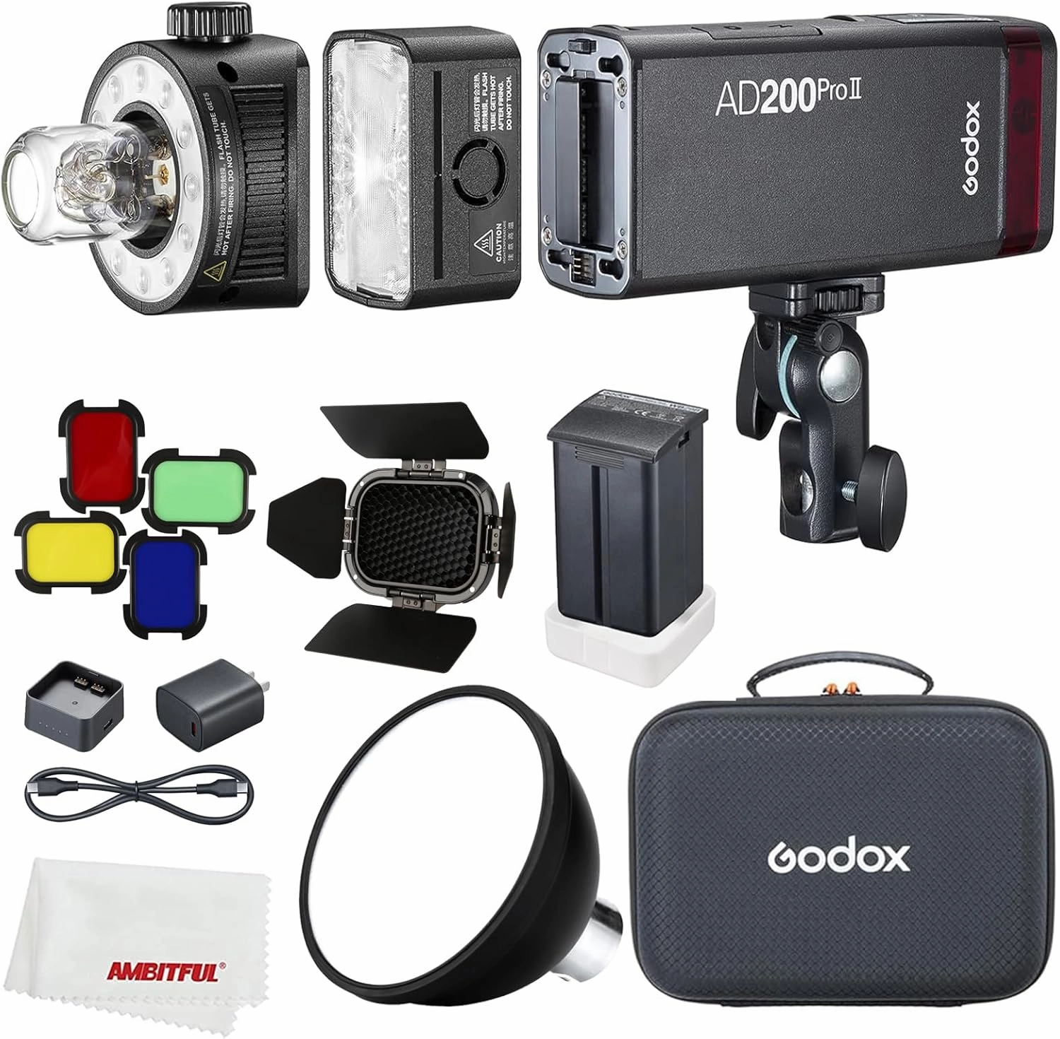 Godox AD200ProII AD200 pro II Flash Strobe,200Ws 1/512~1/1,1/8000 HSS, 0.01-1.8s Recycle Time, 2980mAh Battery,2.4G Wireiess X System,Bare Bulb/Speedlite Fresnel Flash Head,with BD-07,AD-S2 Reflector
