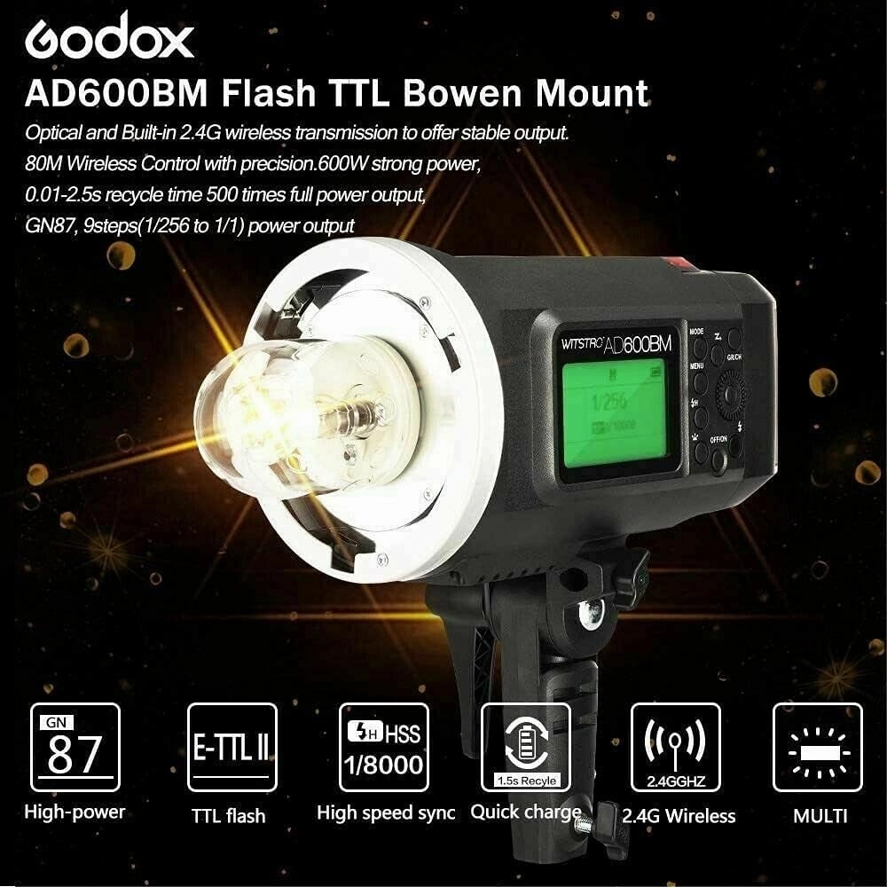 Godox AD600BM Bowens Mount 600Ws GN87 HSS Outdoor Flash Strobe Light with 2.4G Wireless X System, 8700mAh Battery, w/Godox CB-09 Carrying Bag and PB-600 Portable Flash Bag