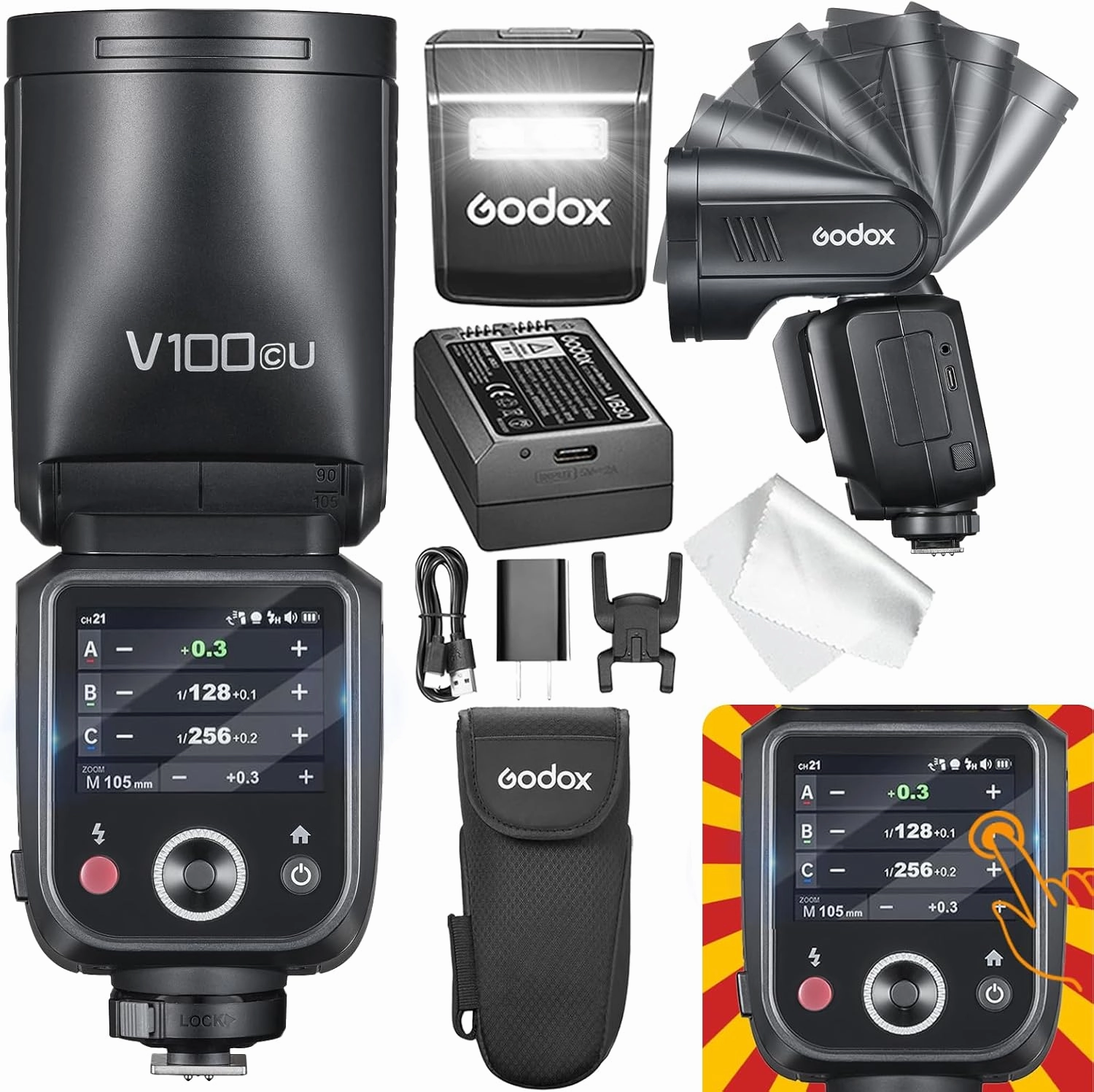 GODOX V100 C Godox Flash for Canon - 100Ws TTL Flash for Canon EOS Cameras, Touchscreen Control, 400-Full-Power-Flashes, 1.7s Recycle Time, 2.4G Wireless with External-Flash