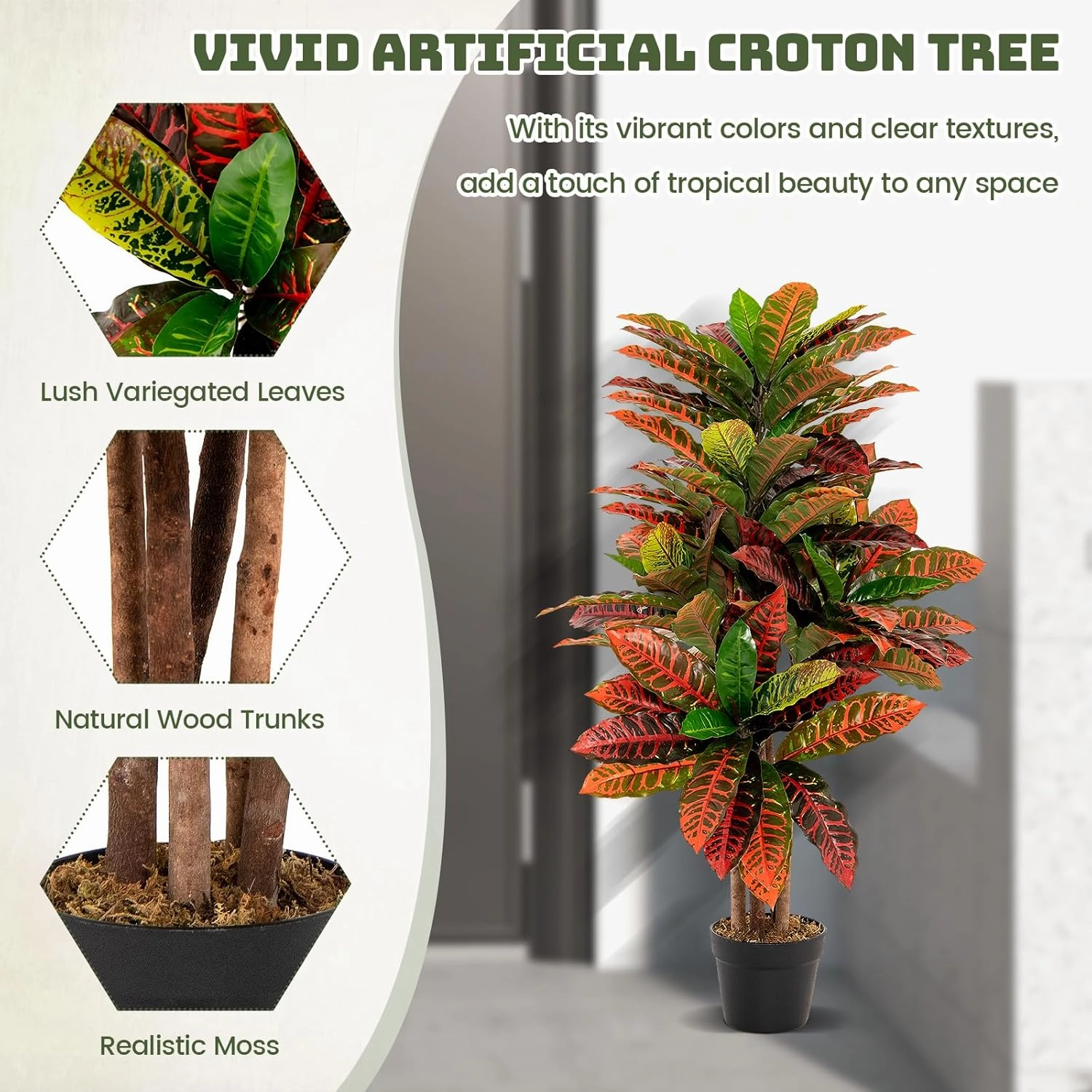 GOFLAME 40” Artificial Croton Plant 2 Packs, Greenery Potted Plant with Colorful Leaves, Natural Wood Trunks, Real Touch Fake Silk Plants, Faux Croton Palm Tree in Pot for Home Office Patio