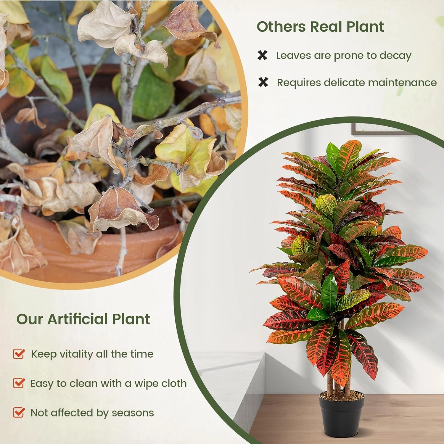 GOFLAME 40” Artificial Croton Plant 2 Packs, Greenery Potted Plant with Colorful Leaves, Natural Wood Trunks, Real Touch Fake Silk Plants, Faux Croton Palm Tree in Pot for Home Office Patio