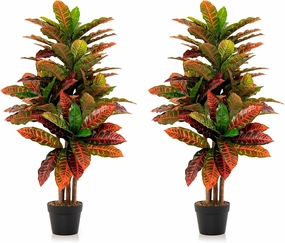 GOFLAME 40” Artificial Croton Plant 2 Packs, Greenery Potted Plant with Colorful Leaves, Natural Wood Trunks, Real Touch Fake Silk Plants, Faux Croton Palm Tree in Pot for Home Office Patio