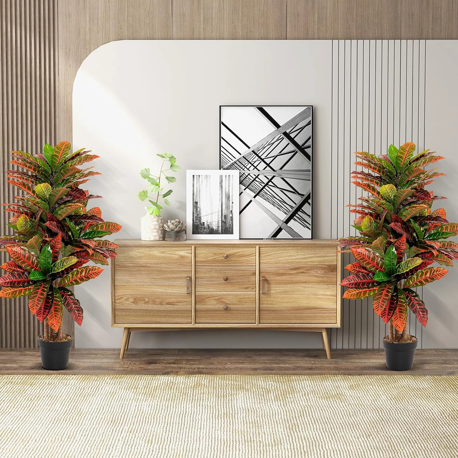 GOFLAME 40” Artificial Croton Plant 2 Packs, Greenery Potted Plant with Colorful Leaves, Natural Wood Trunks, Real Touch Fake Silk Plants, Faux Croton Palm Tree in Pot for Home Office Patio
