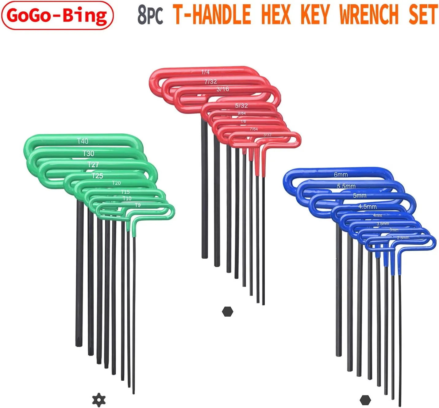 GogoBing Cushion Grip Hex t handle torque T-Key allen wrench sets long screwdriver tool - 8 SAE Standard 3/32-1/4 Inch & 8 Metric 2.5-6 MM Sizes & 8 Torx T9-T40, Red&Blue&Green