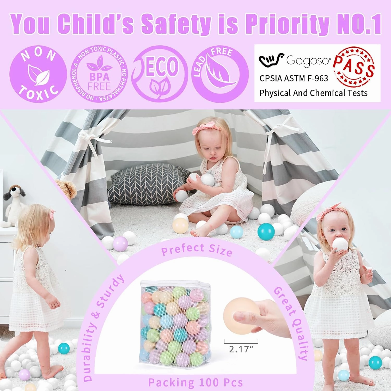 GOGOSO Ball Pit Balls for Toddlers Phthalate-Free BPA-Free Non-Toxic Crush Proof Soft Plastic Play Balls Baby Kids Shape Tent Pool Playhouse Playpen Party Decor,Green Blue Pink Purple Beige,100PCS