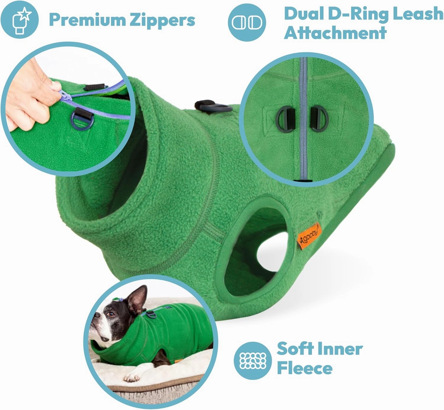 Gooby Half Zip Up Fleece Vest - Soft, Warm Pullover Fleece Dog Jacket with Dual D Ring Leash - Winter Small & Medium Dogs - Turquoise, Large