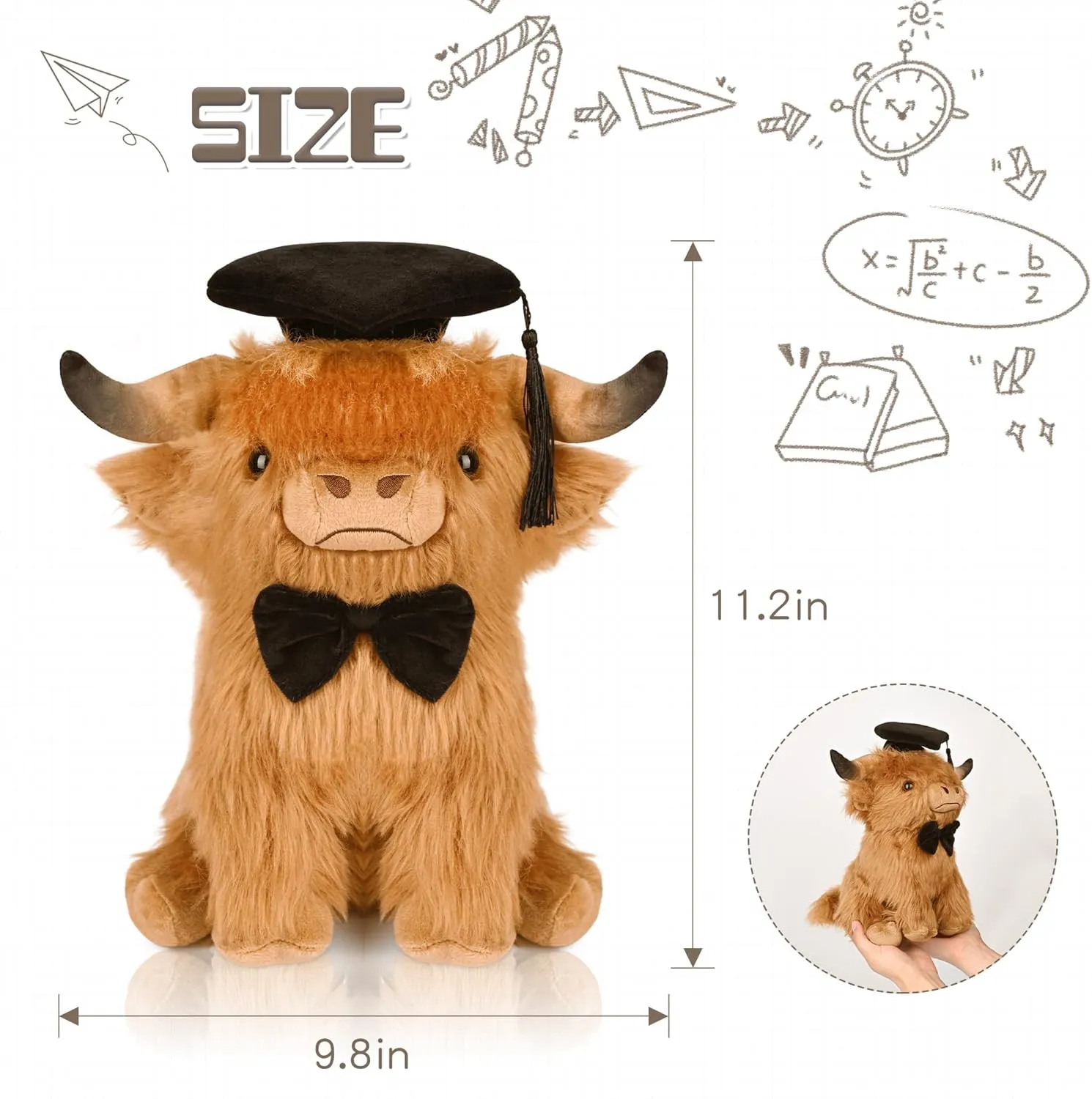 Graduation Highland Cow Stuffed Animal, Graduation Plush Gifts for Class of 2025 Kindergarten Preschool High School & College (23cm/H)