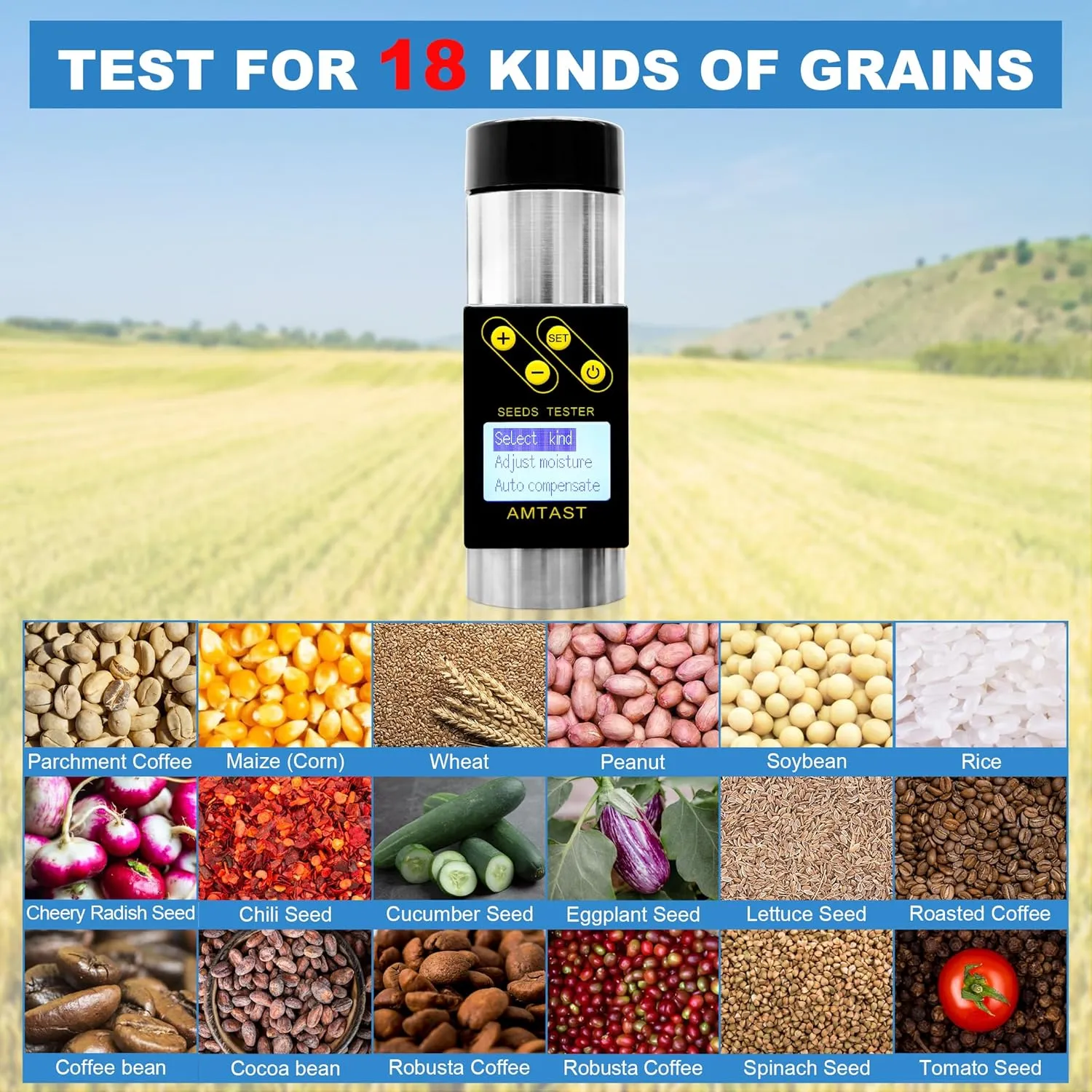 Grain Moisture Meter High Precision Grain Moisture Tester with Temperature Portable Seed Moisture Meter for 18 Grains Including Wheat, Soybean, Coffee and More