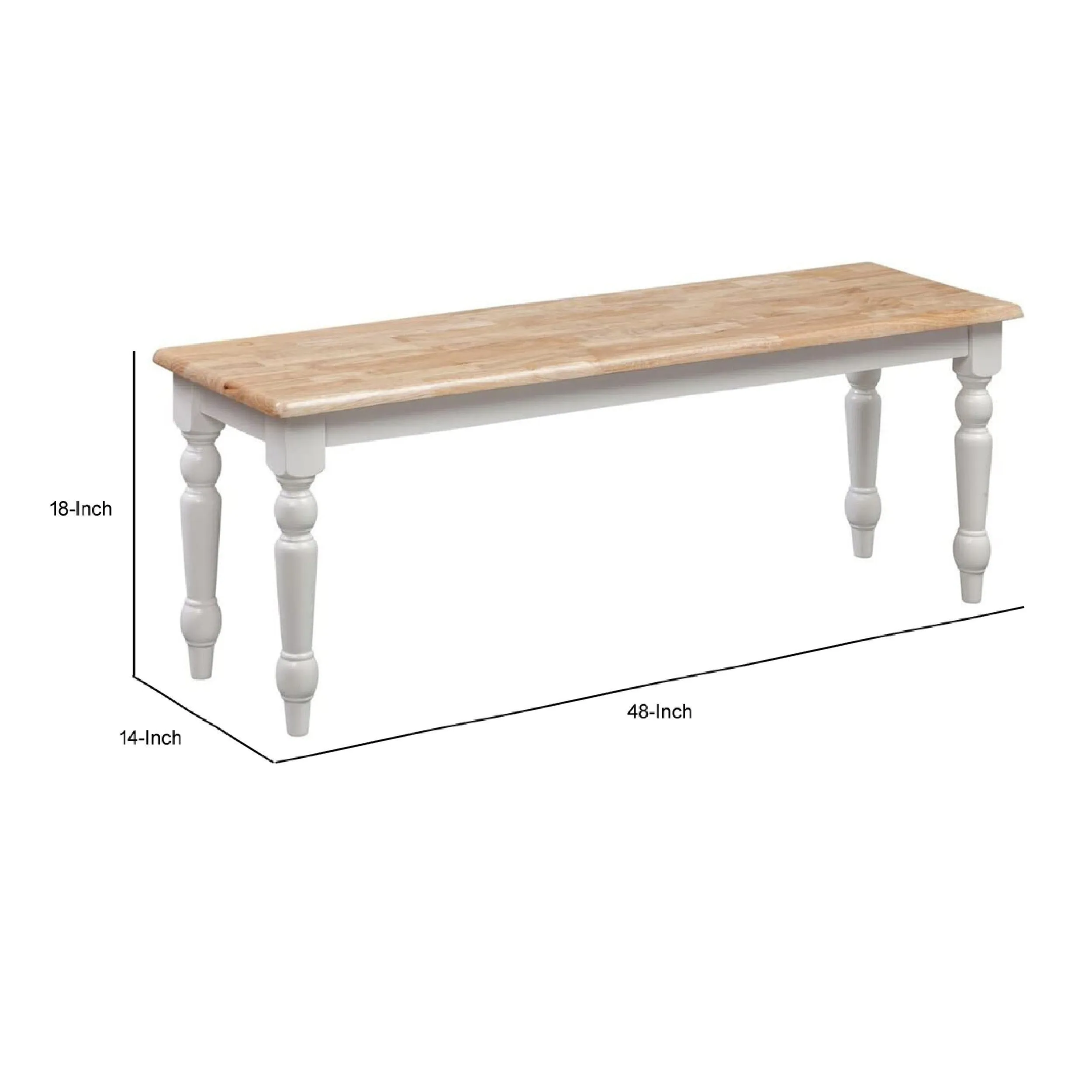 Grained Rectangular Wooden Bench with Turned Legs - Natural Brown and White
