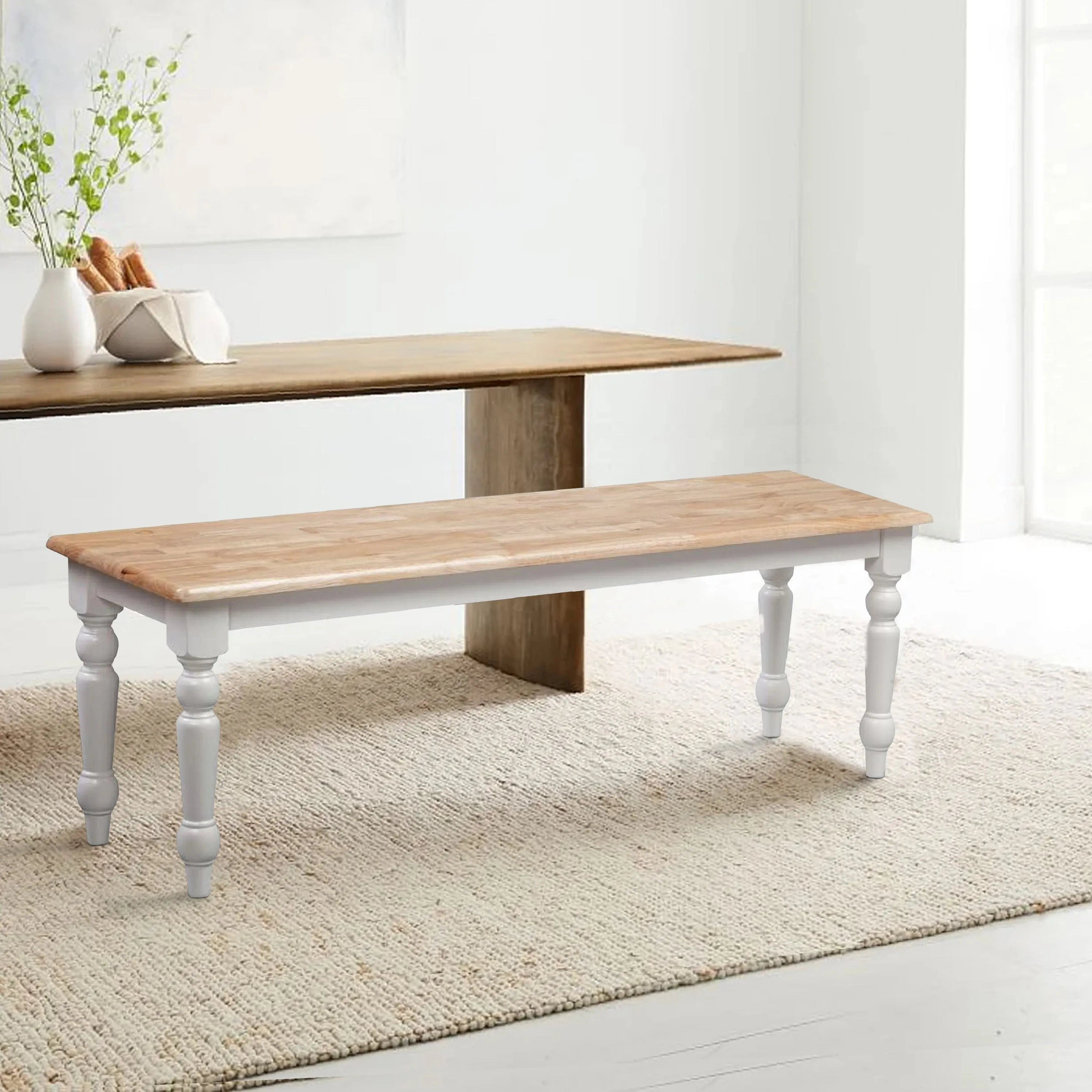 Grained Rectangular Wooden Bench with Turned Legs - Natural Brown and White