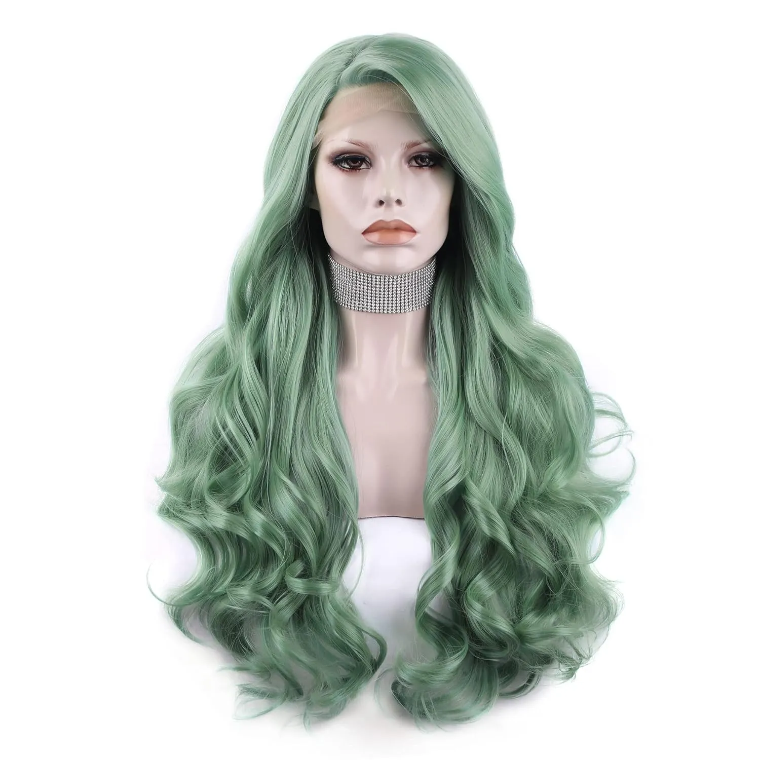 Green Cosplay Lace Front Wig Long Wavy Synthetic Wigs Heat Resistant Free Part 26 Inch Lace Front Synthetic Wig