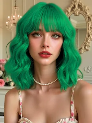 Green Short Bob Wigs Wavy Wig With Bangs for Women Short Wigs Curly Wavy Bob Synthetic Cosplay Wig for Girls Daily Use Colorful Wigs