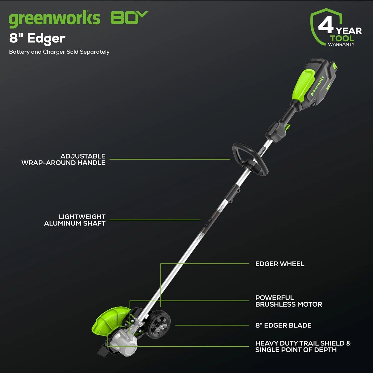 Greenworks 80V 8" Brushless Cordless Edger, Battery and Charger Not Included