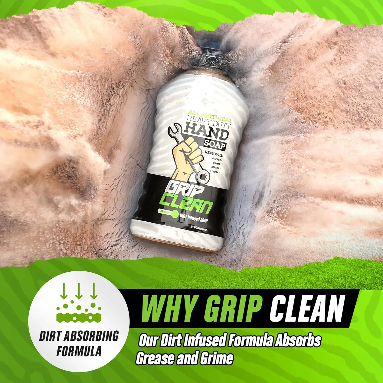 Grip Clean - Hand Cleaner for Mechanics – Heavy-Duty Mechanic Soap, Liquid Hand Soap with Natural Pumice & Clay to Absorb Tough Grease, Oil & Dirt – Moisturizing Coconut Oil, Lime Scent (32oz)