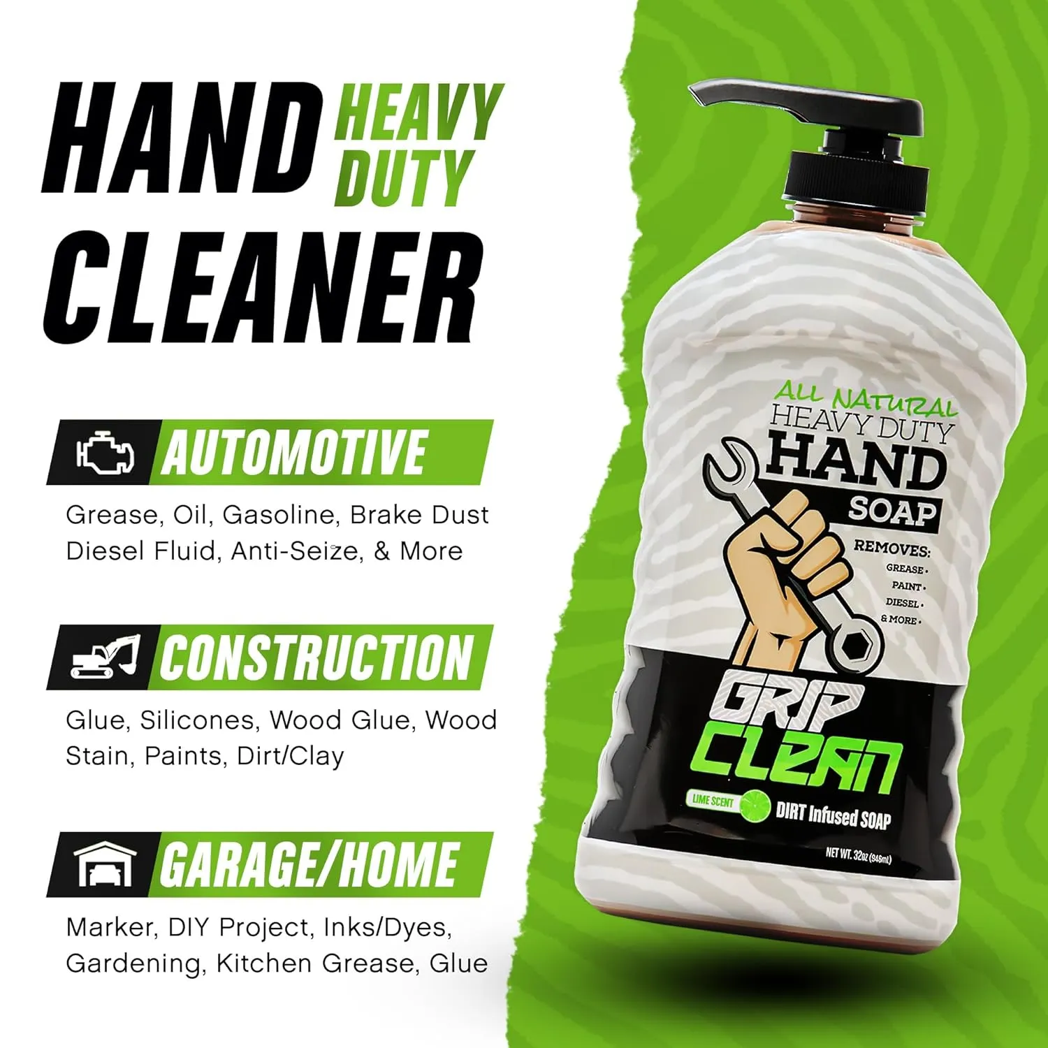 Grip Clean - Hand Cleaner for Mechanics – Heavy-Duty Mechanic Soap, Liquid Hand Soap with Natural Pumice & Clay to Absorb Tough Grease, Oil & Dirt – Moisturizing Coconut Oil, Lime Scent (32oz)
