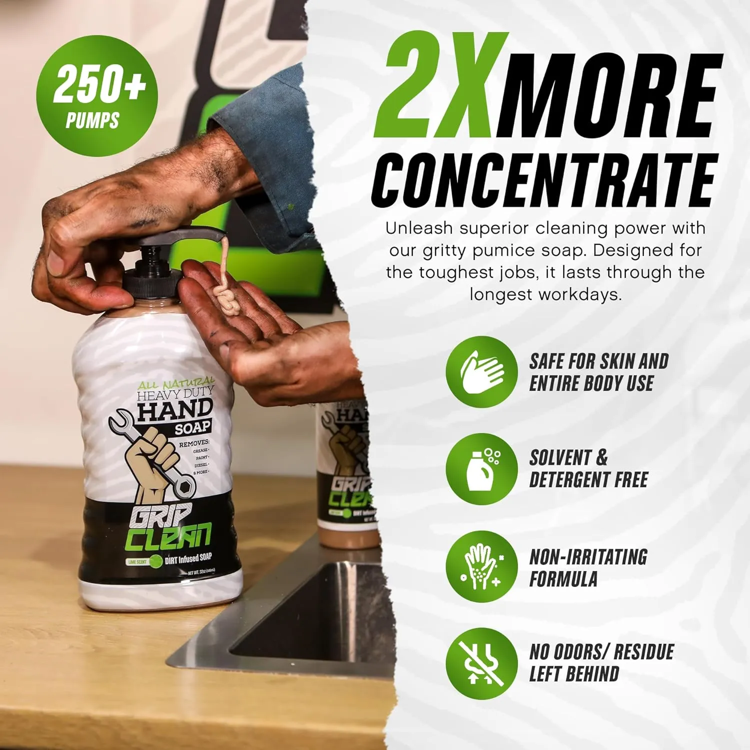 Grip Clean - Hand Cleaner for Mechanics – Heavy-Duty Mechanic Soap, Liquid Hand Soap with Natural Pumice & Clay to Absorb Tough Grease, Oil & Dirt – Moisturizing Coconut Oil, Lime Scent (32oz)
