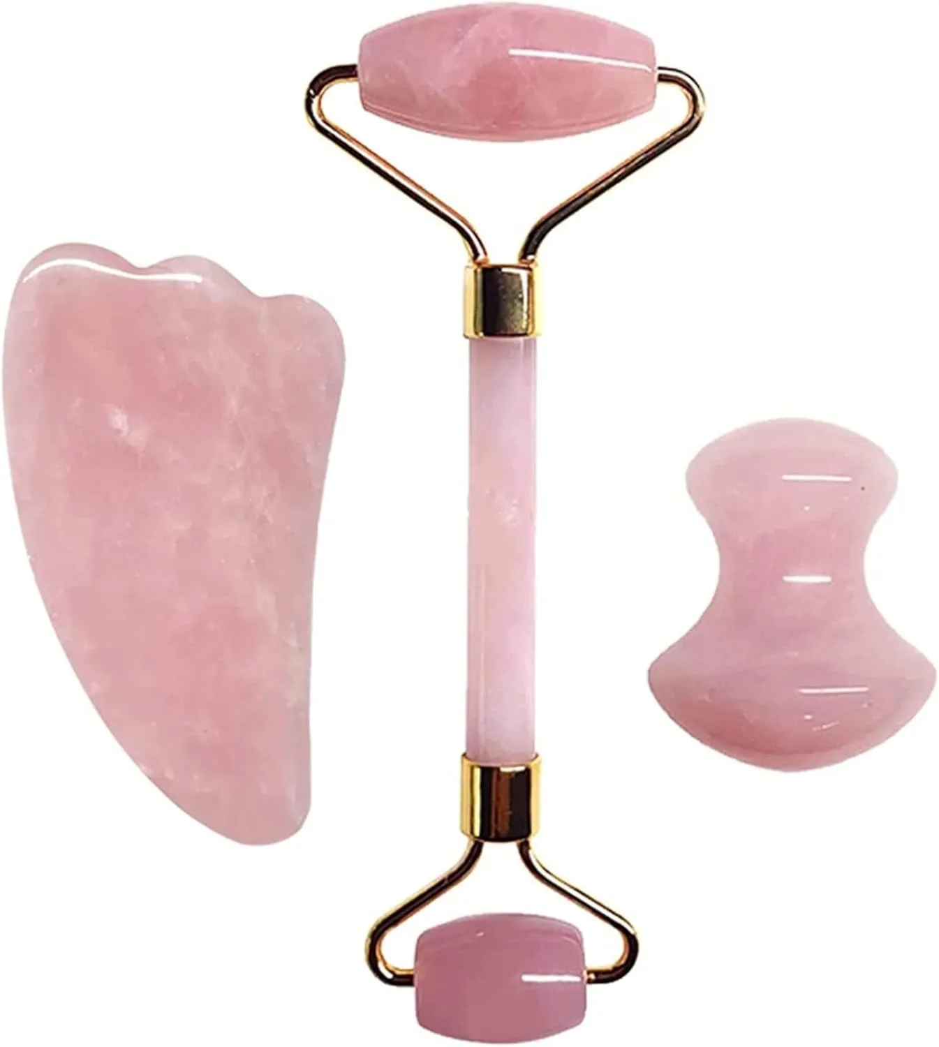 Gua sha Scraper Board Rose Quartz Face Thin Massager Natural Stone Guasha Board Jade Roller Pink Crystal Facial Scraper Jade Facial Roller Set Massage Tool Set (Color : Set a)