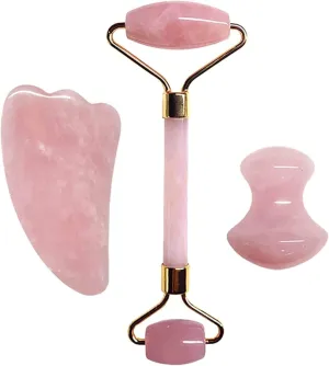 Gua sha Scraper Board Rose Quartz Face Thin Massager Natural Stone Guasha Board Jade Roller Pink Crystal Facial Scraper Jade Facial Roller Set Massage Tool Set (Color : Set a)