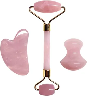 Gua sha Scraper Board Rose Quartz Face Thin Massager Natural Stone Guasha Board Jade Roller Pink Crystal Facial Scraper Jade Facial Roller Set Massage Tool Set (Color : Set B)