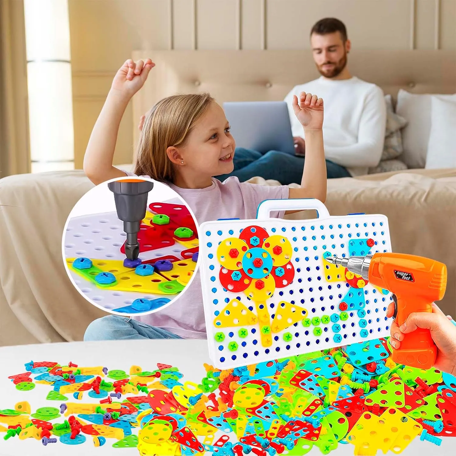 Haifeng 237 Pieces Creative Mosaic Toy Drill Puzzle Set for Kids, STEM Learning Educational Toys, Drill and Screwdriver Engineering Building Kit for Boys and Girls Ages 3 4 5 6 7 8 9 10 Year Old