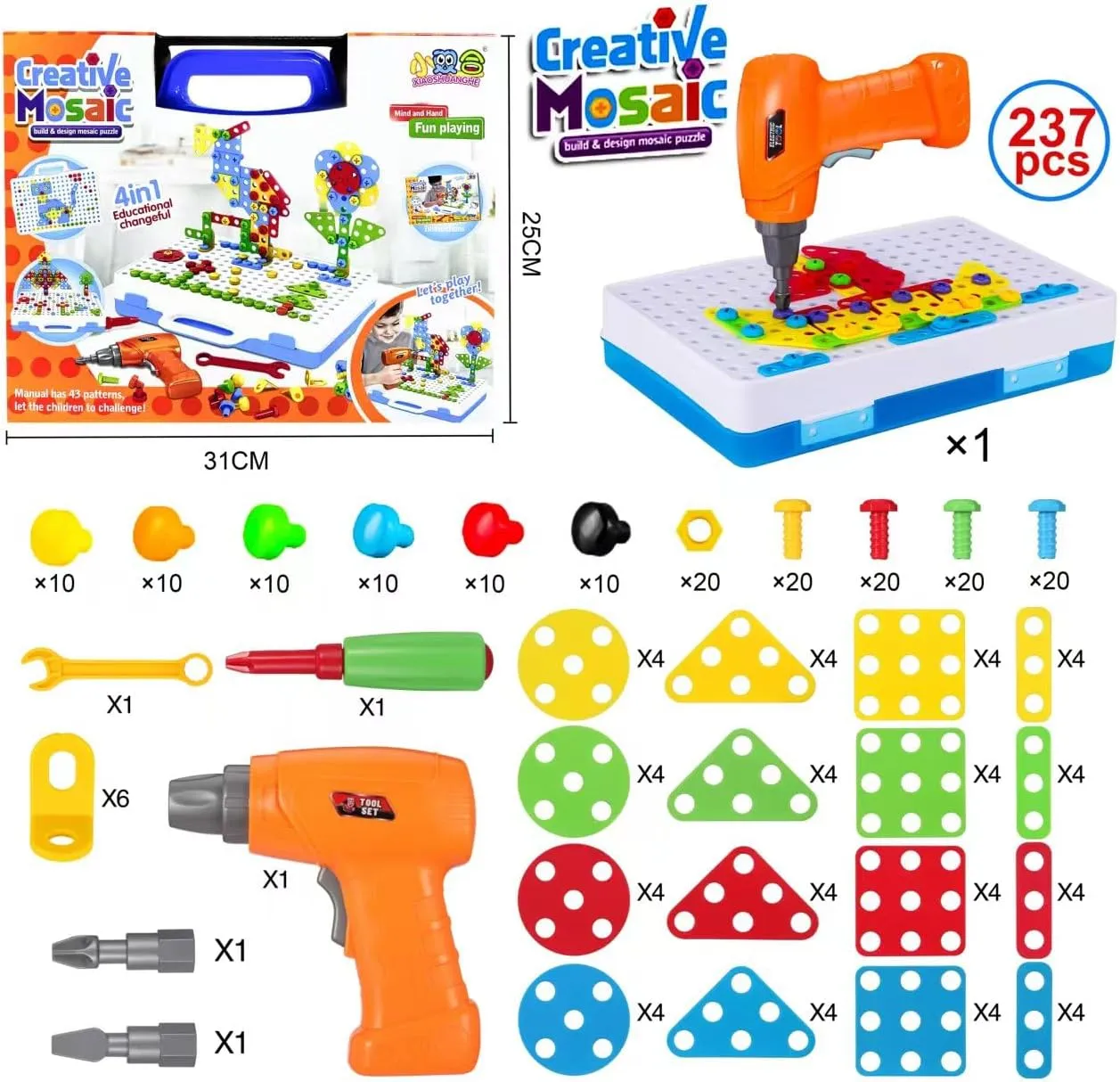 Haifeng 237 Pieces Creative Mosaic Toy Drill Puzzle Set for Kids, STEM Learning Educational Toys, Drill and Screwdriver Engineering Building Kit for Boys and Girls Ages 3 4 5 6 7 8 9 10 Year Old