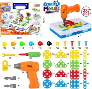 Haifeng 237 Pieces Creative Mosaic Toy Drill Puzzle Set for Kids, STEM Learning Educational Toys, Drill and Screwdriver Engineering Building Kit for Boys and Girls Ages 3 4 5 6 7 8 9 10 Year Old