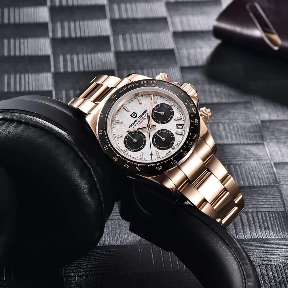 HaiQin Pagani Design Classic Men's Multifunctional Chronograph Full Stainless Steel Japanese VK63 Quartz Movement Tester 100m Waterproof Luxury Business Watch