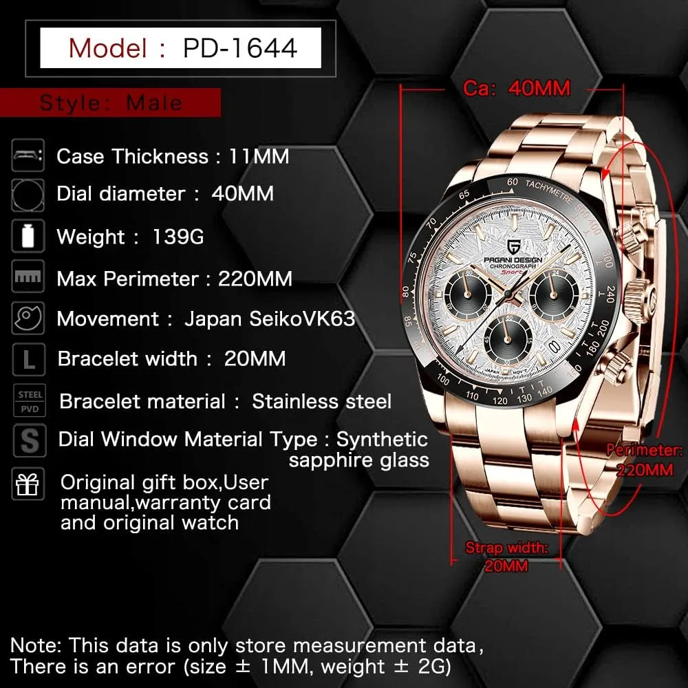 HaiQin Pagani Design Classic Men's Multifunctional Chronograph Full Stainless Steel Japanese VK63 Quartz Movement Tester 100m Waterproof Luxury Business Watch