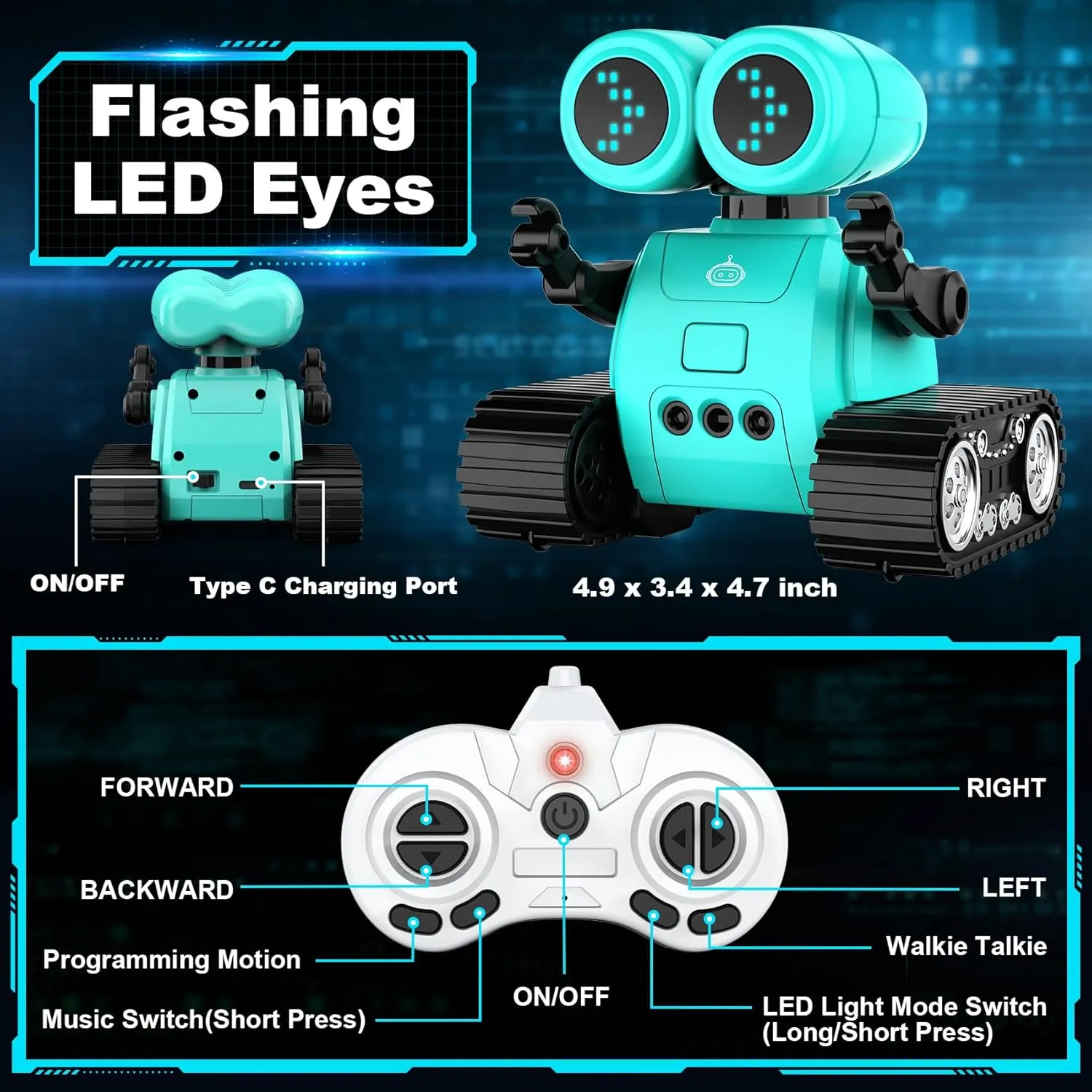 Hamourd Robot Toys - Kids Rechargeable RC Robots with Gesture Sensing, Walkie-Talkie, Flexible Head & Arms, Programming Motion, Dance Moves, Music, Shining LED Eyes, Girls Boys Birthday,Jade Green