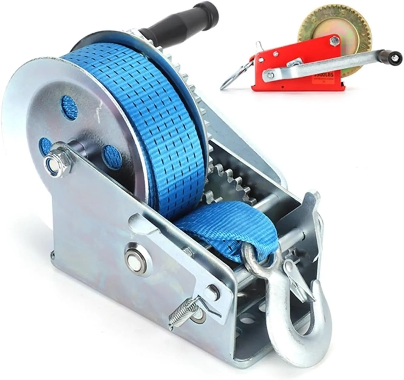 Hand Crank Winch, Manual Strong Winch W/32.8ft Belt 3500 Pounds Load Capacity ATV Marine Trailer Tool 3500lb Winch Trailer Marine Manual Winch,for Trailer, Boat (Blue 1)