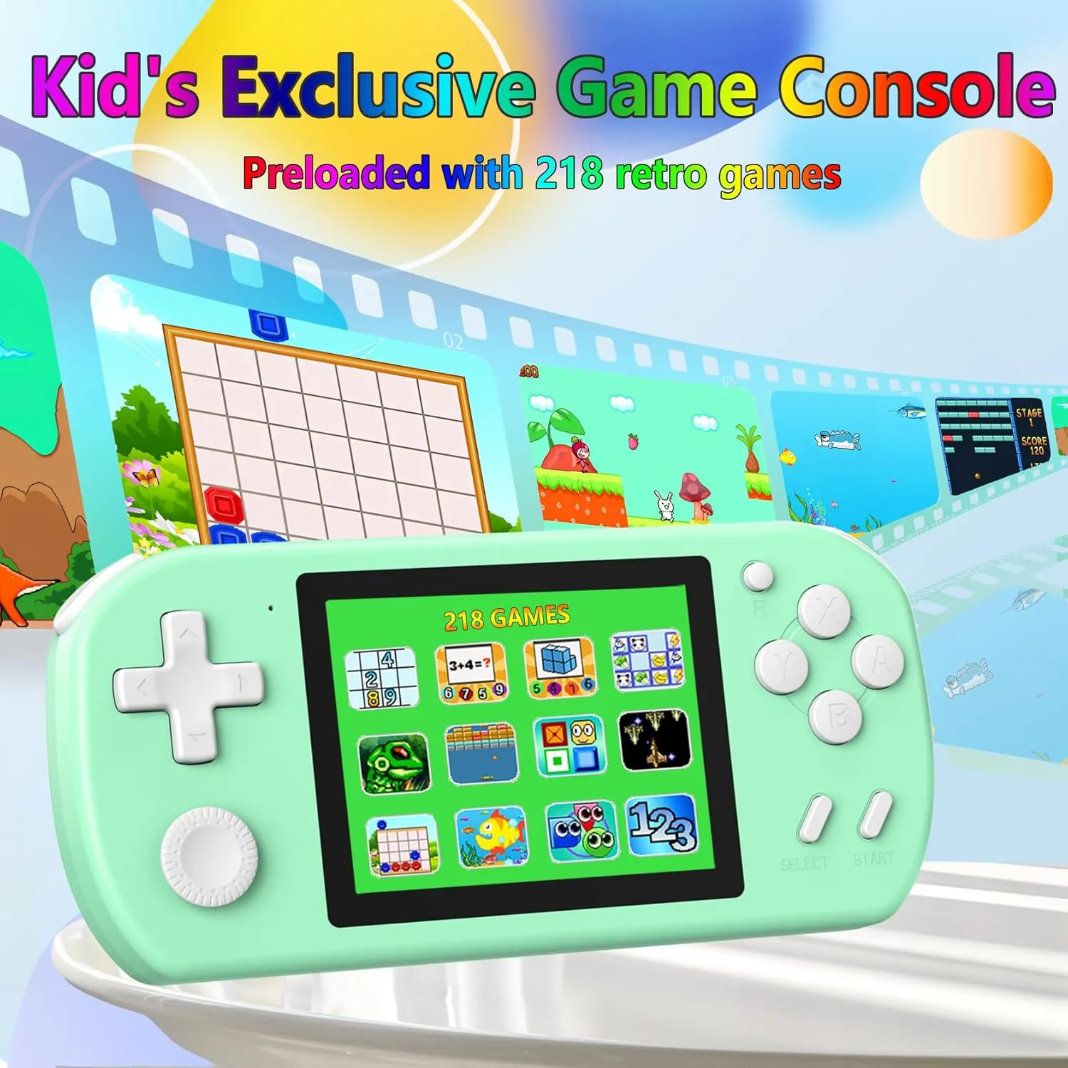 Handheld Games for Kids Preloaded 218 Retro Video Games, Portable Gaming System with 3.0" Screen Rechargeable Battery, Mini Arcade Electronic Toy Birthday Gifts for Boys Girls (Cyan)
