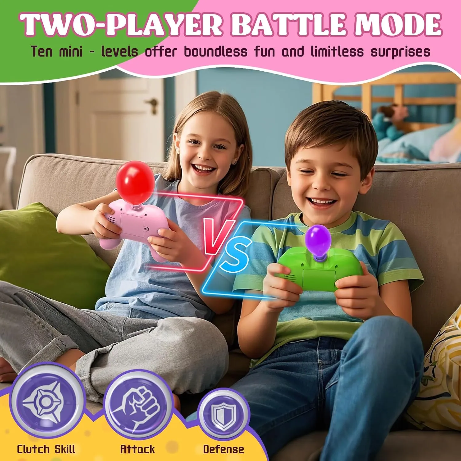 Handheld Speed Pushing Game Machine with Balloons 2-Player Fidget Game Light Up Quick Push Game Fast Push Puzzle Game Console for 8 9 10 11 12  Years Old Kids Adults-Pink Green
