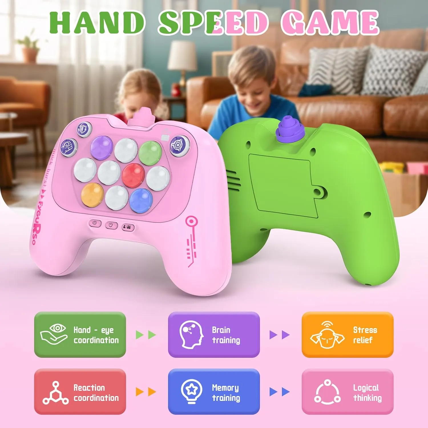 Handheld Speed Pushing Game Machine with Balloons 2-Player Fidget Game Light Up Quick Push Game Fast Push Puzzle Game Console for 8 9 10 11 12  Years Old Kids Adults-Pink Green