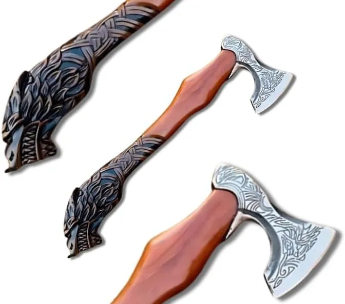 Handmade Tomahawk Bearded Axe, Wolf Shaped Carved Rosewood Handle, Antique Viking Gift Axe, Viking Battle Axe Real, Collectible Axe