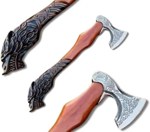 Handmade Tomahawk Bearded Axe, Wolf Shaped Carved Rosewood Handle, Antique Viking Gift Axe, Viking Battle Axe Real, Collectible Axe