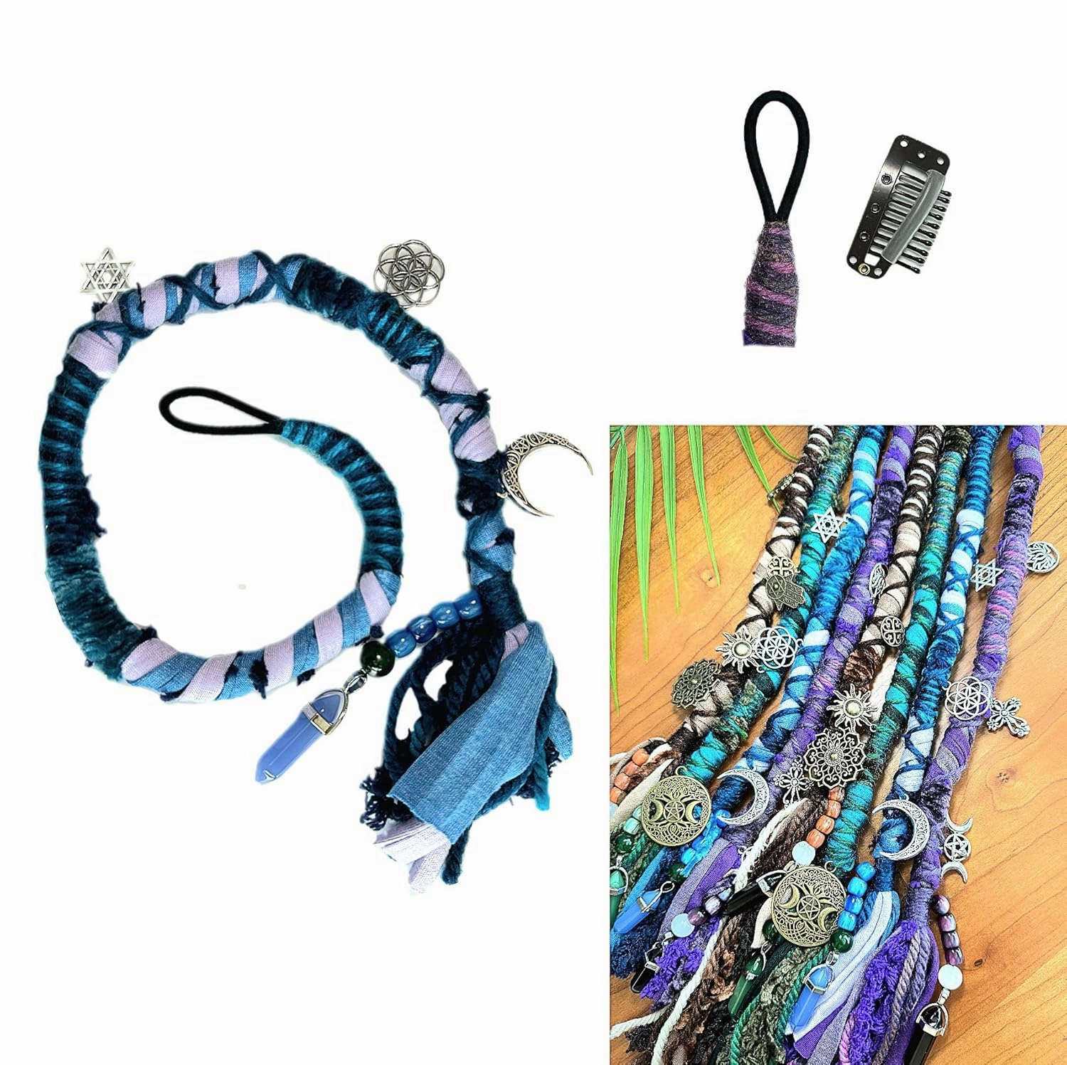 Handmade Hair Wrap Extension Dreadlocks hairclip fabric and woolen yarn Colorful Tribal Fairy Lock Hair Wrap Dread Wrap Braid with crystal charms (Blue)