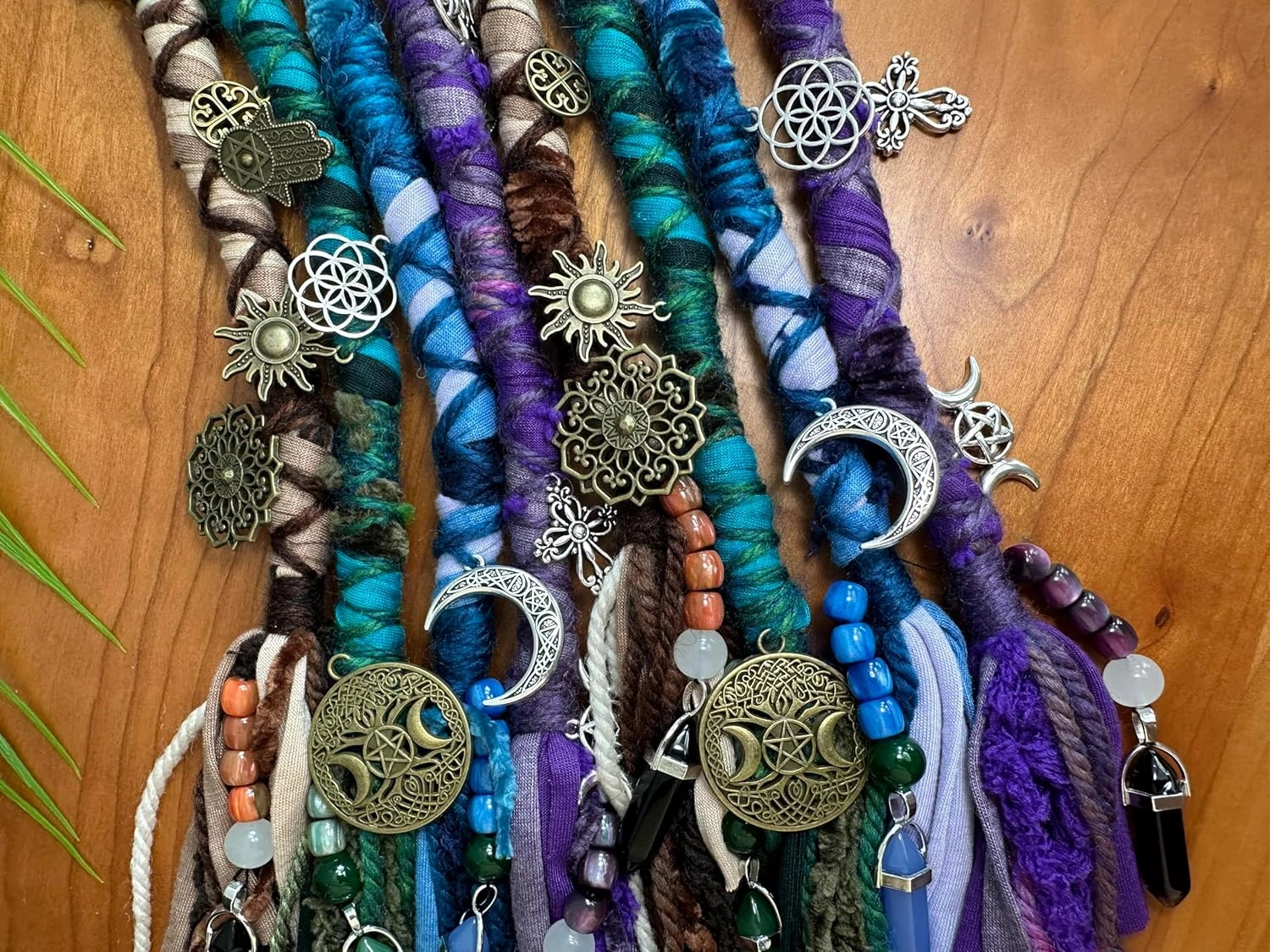 Handmade Hair Wrap Extension Dreadlocks hairclip fabric and woolen yarn Colorful Tribal Fairy Lock Hair Wrap Dread Wrap Braid with crystal charms (Blue)