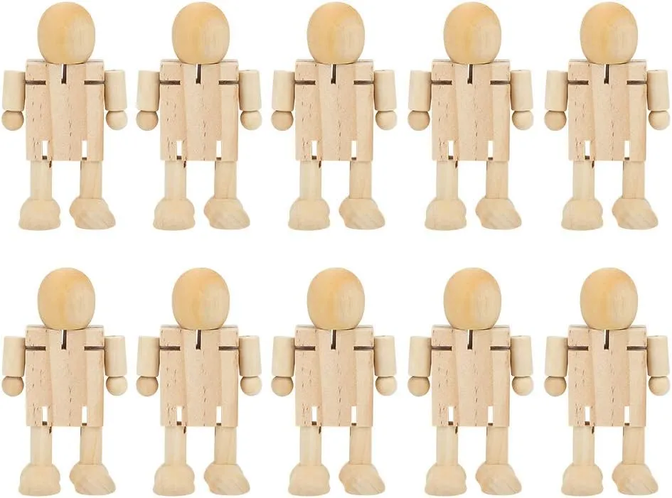 Haofy 10PCS Unfinished Wooden Robot Wood People Shapes Figures for DIY Painting Arts Crafts, Cute Fidget Wood Robot Block Action Figures Model Theme Birthday Party Gift