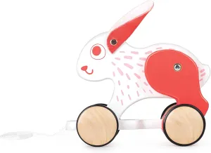 Hape: Pull Along - Bunny - White & Red - Wooden Animal Toy, Rubber Rimmed Wheels, Encourages Walking, Push & String Pull, Kid Baby Toddler, Age 12 mo 