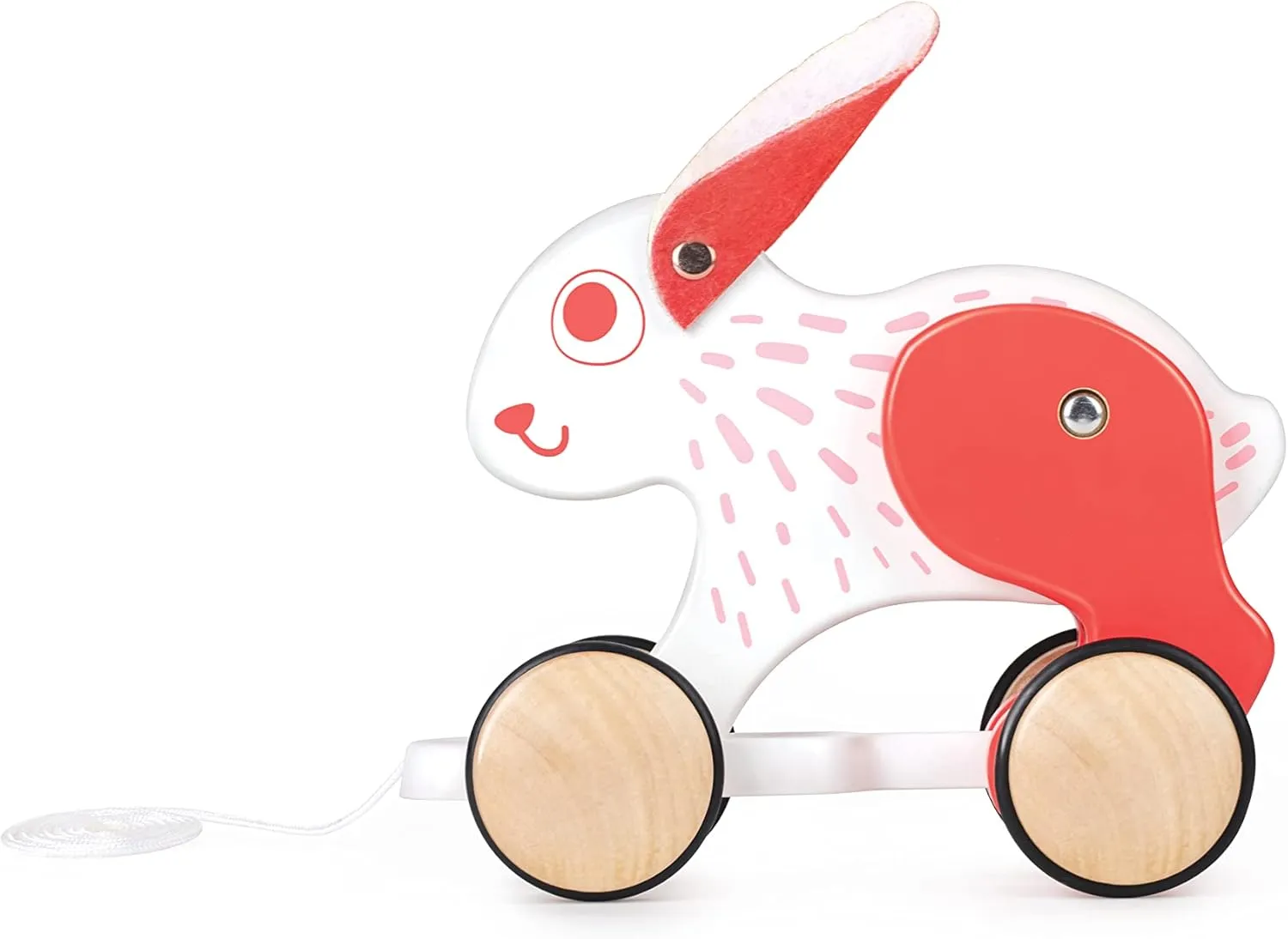 Hape: Pull Along - Bunny - White & Red - Wooden Animal Toy, Rubber Rimmed Wheels, Encourages Walking, Push & String Pull, Kid Baby Toddler, Age 12 mo 