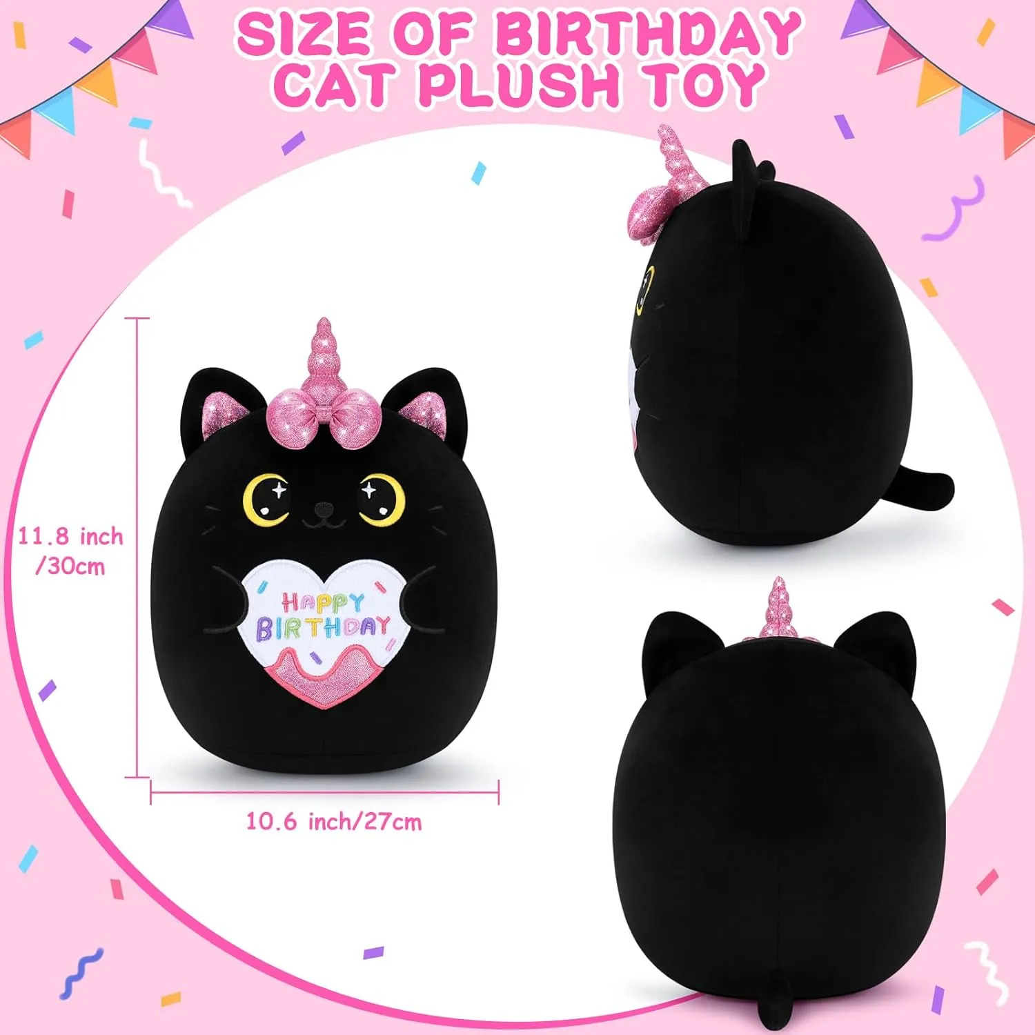 Happy Birthday Gift Black Unicorn Cat Plush Toy - 11'' Kawaii Plushie Stuffed Animal Pillow - Cute Anime Plush for Kids