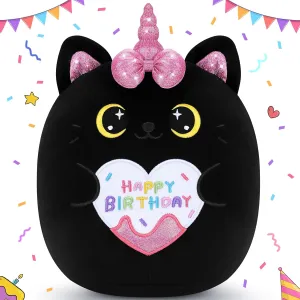 Happy Birthday Gift Black Unicorn Cat Plush Toy - 11'' Kawaii Plushie Stuffed Animal Pillow - Cute Anime Plush for Kids