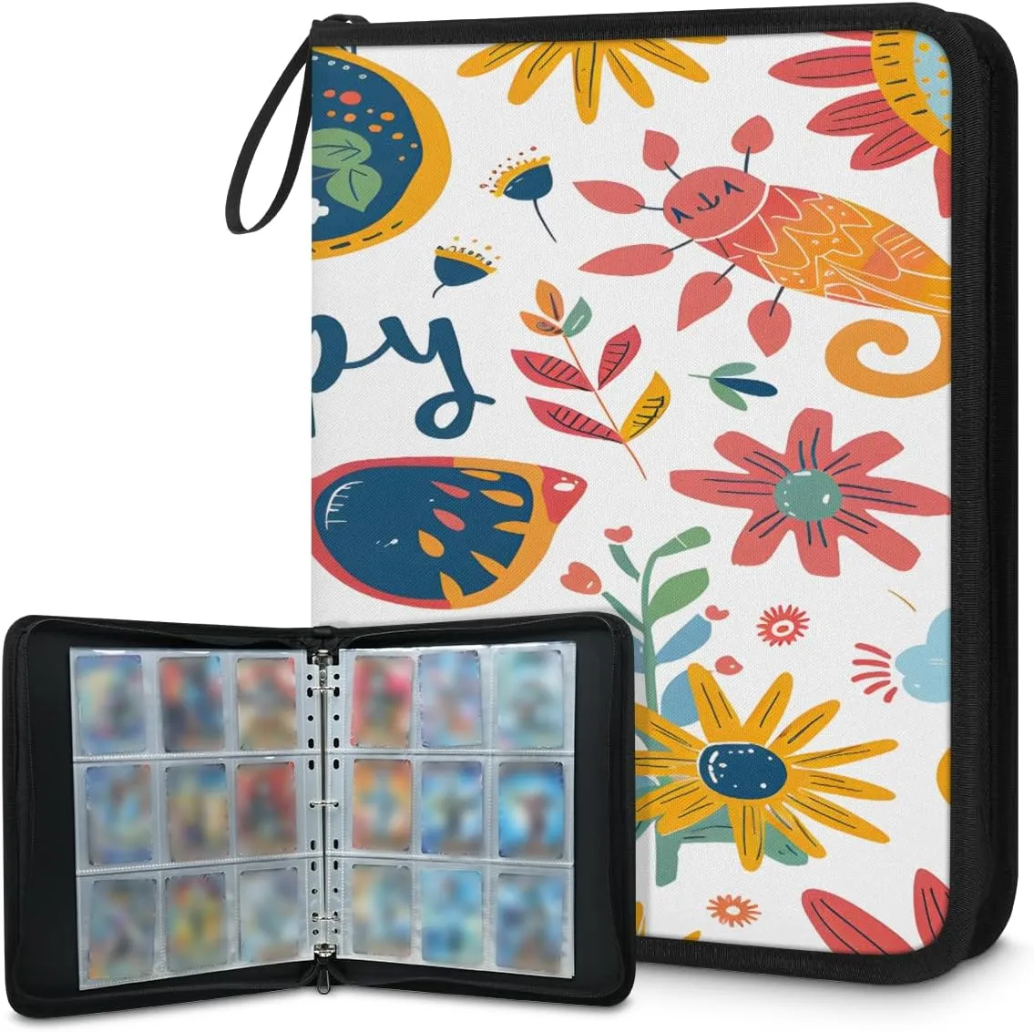 Happy Summer 3 Ring Trading Zipper Binder Strap, Trading Card Binder 9 Pocket, 900 Pockets Card Holder with 50 Removable Sleeves for Game Cards