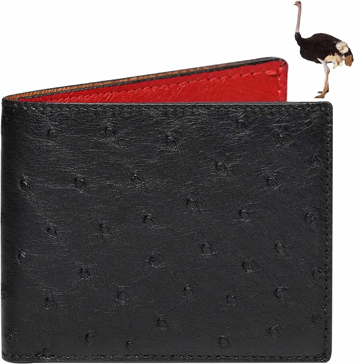 HATA Black Red Ostrich Leather Bifold Wallet Double Side RFID Blocking Front Pocket Slim Wallet Durable Luxury Gift For Men Handmade Vietnamese VINAMOS-17