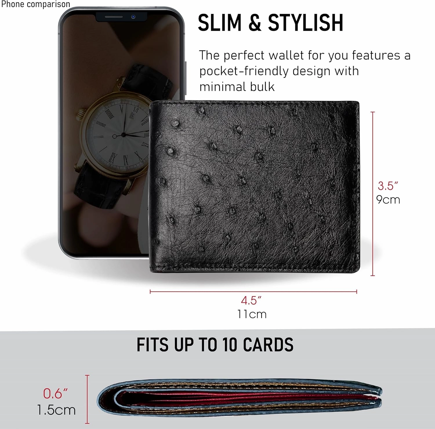 HATA Black Red Ostrich Leather Bifold Wallet Double Side RFID Blocking Front Pocket Slim Wallet Durable Luxury Gift For Men Handmade Vietnamese VINAMOS-17