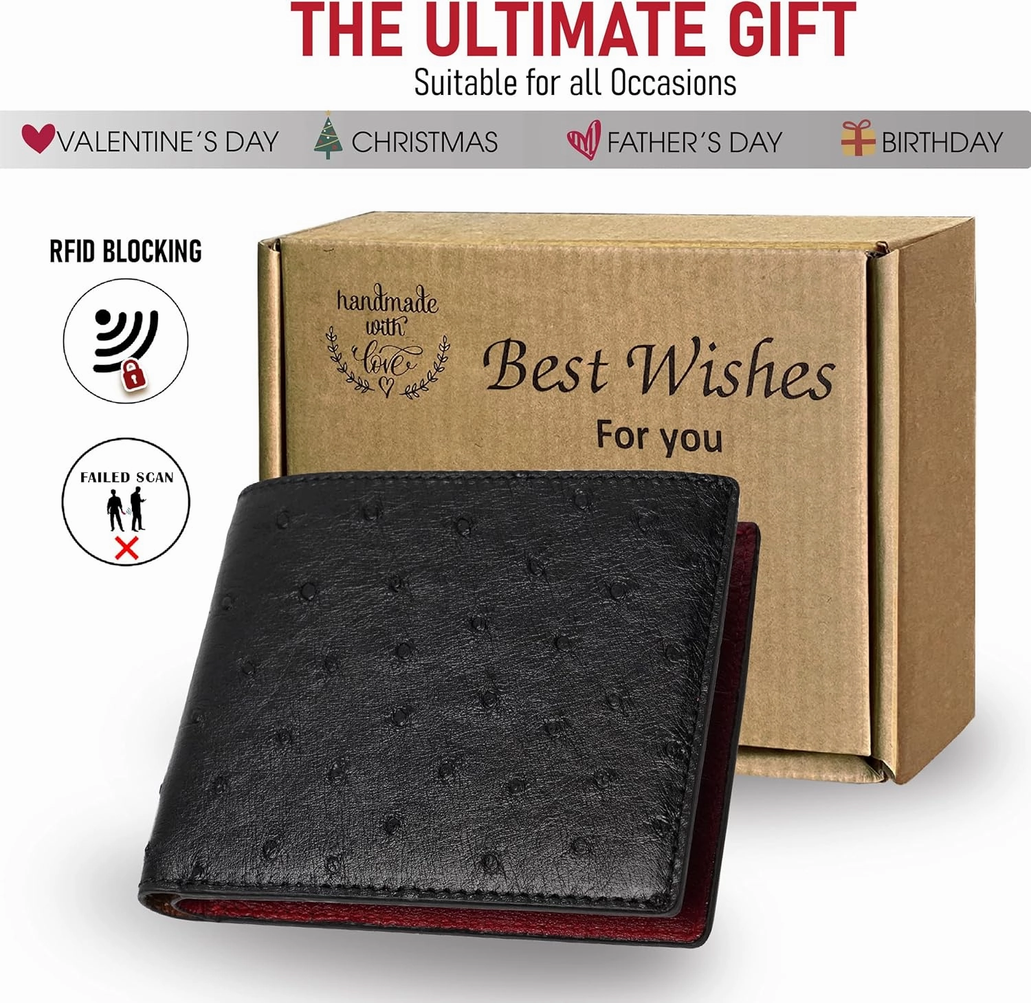 HATA Black Red Ostrich Leather Bifold Wallet Double Side RFID Blocking Front Pocket Slim Wallet Durable Luxury Gift For Men Handmade Vietnamese VINAMOS-17