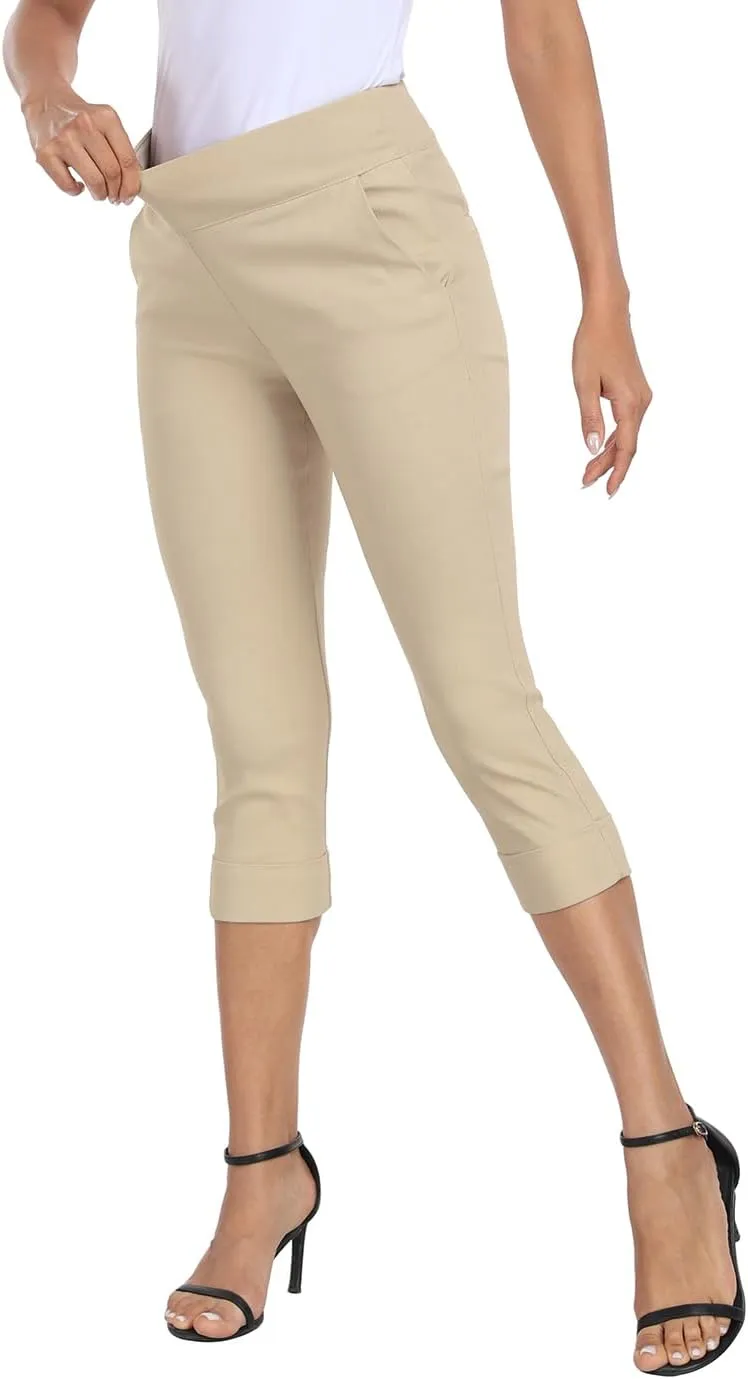 HDE Pull On Capri Pants for Women 19" Inseam Cropped Dress Pants with Pockets