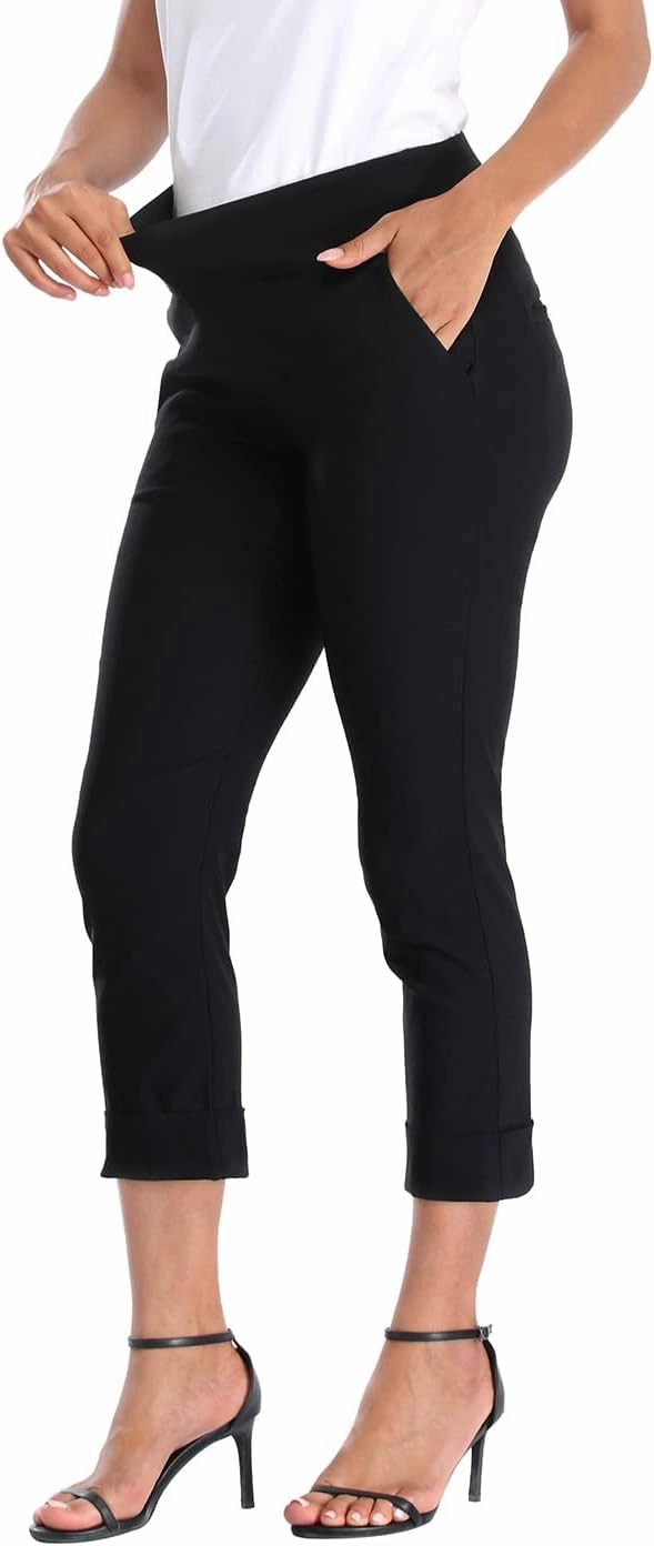 HDE Pull On Capri Pants for Women with Pockets Elastic Waist Cropped Work Pants